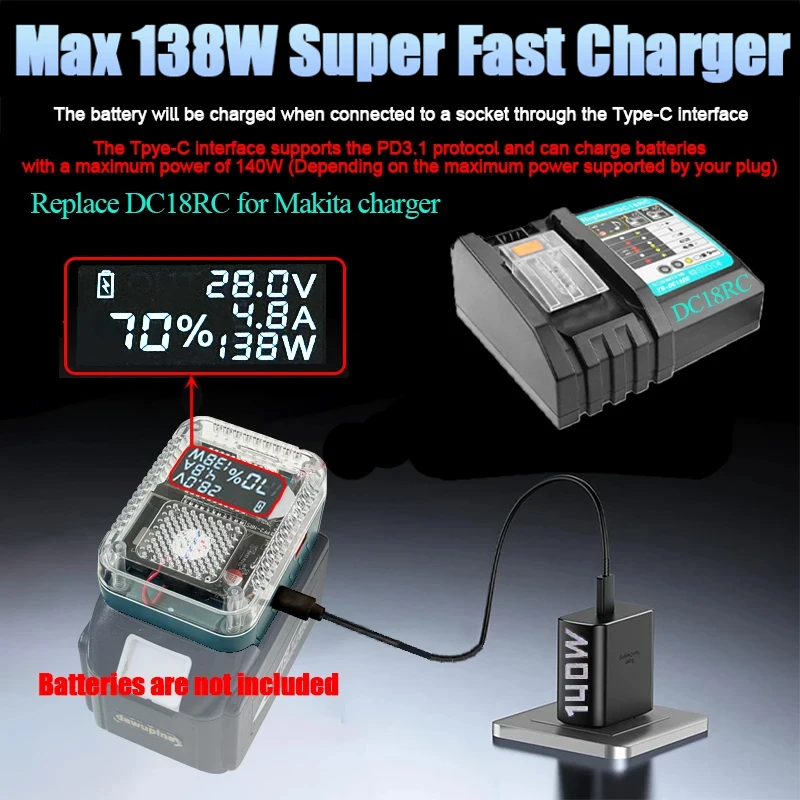 BL1830 Portable Digital Display Adapter Converter for Makita 18V Lithium Battery Fast Charger USB Type-C Power Bank Max 138W
BL1830 Portable Digital Display Adapter Converter for Makita 18V Lithium Battery Fast Charger USB Type-C Power Bank Max 138W