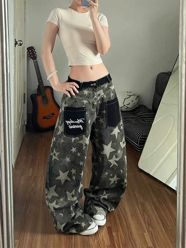 Retro American Star Print Wide Leg Jeans Women Summer Heavy Stitching Pocket Loose Long Trousers Casual High Waist Denim
Retro American Star Print Wide Leg Jeans Women Summer Heavy Stitching Pocket Loose Long Trousers Casual High Waist Denim