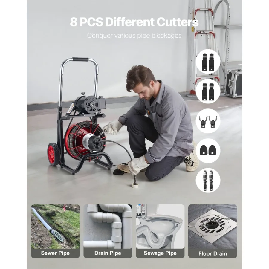 Drain Cleaner Machine 100 FT x 1/2 Inch Auto Feed Sewer Snake Auger on Wheels with 8 Cutters Air-Activated Foot Switch for 2
Drain Cleaner Machine 100 FT x 1/2 Inch Auto Feed Sewer Snake Auger on Wheels with 8 Cutters Air-Activated Foot Switch for 2
