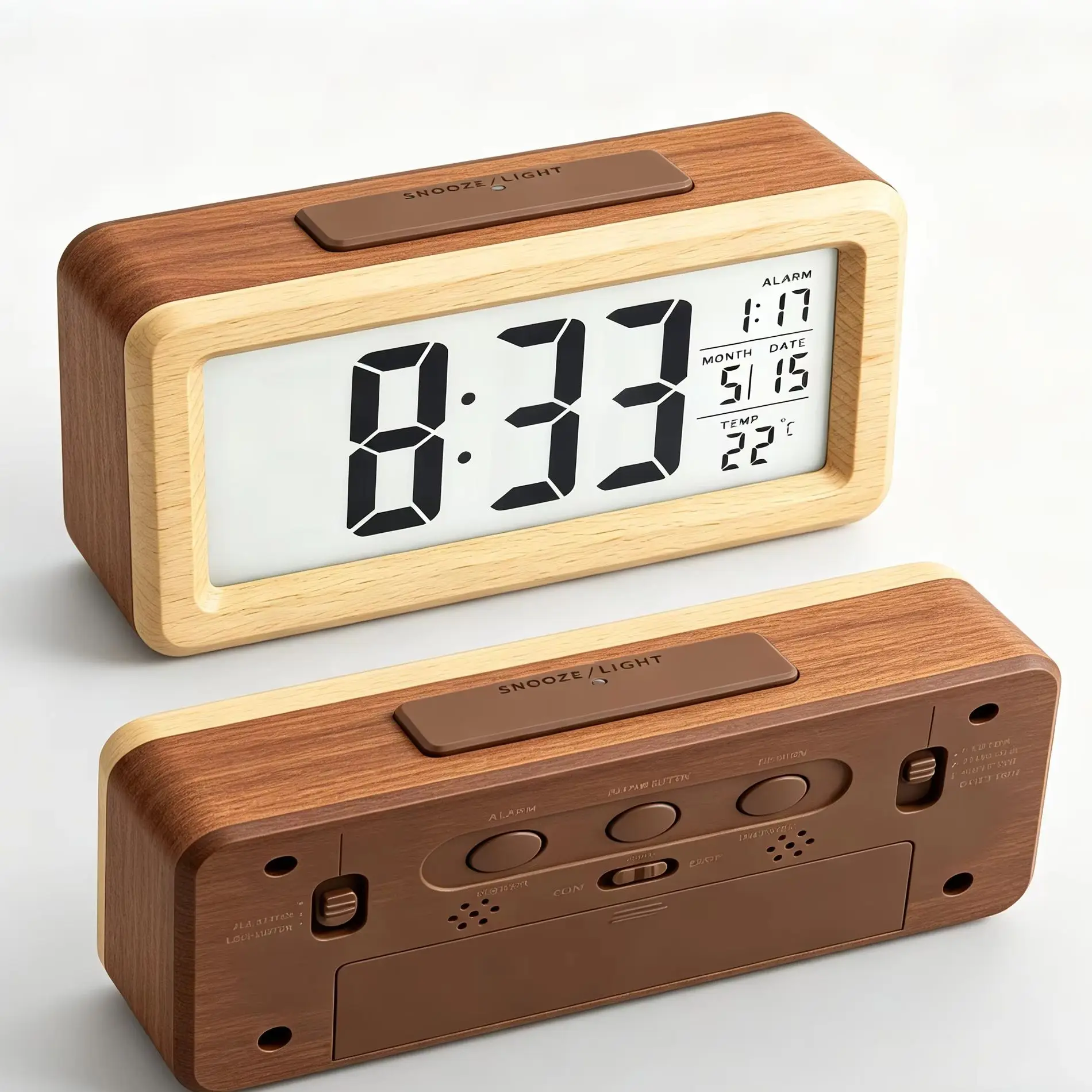LED Wooden Digital Alarm Clock Multifunctional Large Screen Date Temperature Humidity Backlight 12/24 Hour Snooze Table Clock
LED Wooden Digital Alarm Clock Multifunctional Large Screen Date Temperature Humidity Backlight 12/24 Hour Snooze Table Clock