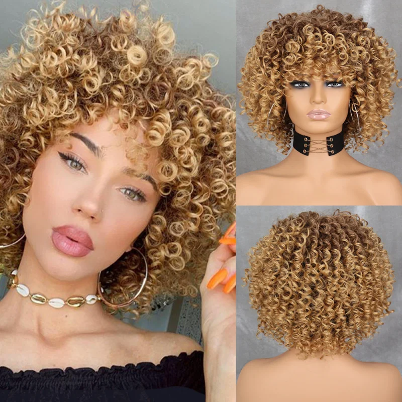Golden gradient small curly synthetic wig with bangs
Golden gradient small curly synthetic wig with bangs