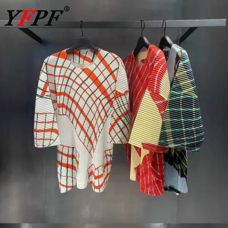YFPF Miyake плиссированные женские топы, модная полосатая свободная блузка с контрастным цветным принтом и короткими рукавами, новинка 2023 года, одежда
YFPF Miyake плиссированные женские топы, модная полосатая свободная блузка с контрастным цветным принтом и короткими рукавами, новинка 2023 года, одежда