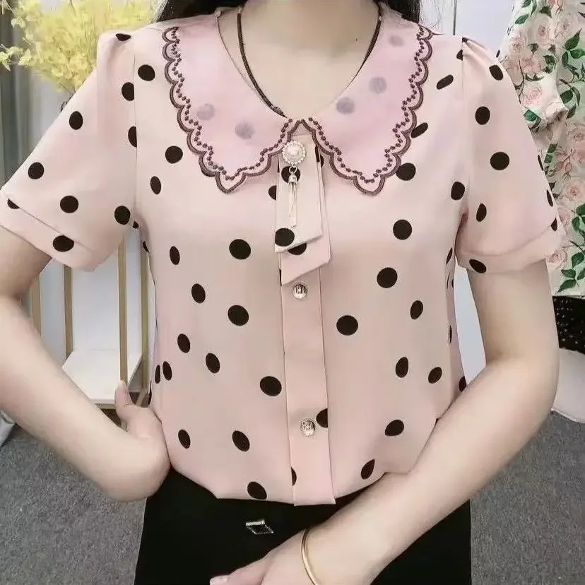 Fashion Mother's Shirt Women's New Summer Loose Fit Doll Collar Chiffon Blouse Short Sleeve Print Top M-5XL Z818
Fashion Mother's Shirt Women's New Summer Loose Fit Doll Collar Chiffon Blouse Short Sleeve Print Top M-5XL Z818