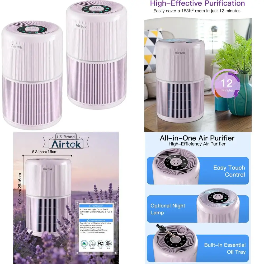 Набор из 2 очистителей воздуха для спальни: фильтры H13 HEPA, удаляют дым, пыль, запахи, пыльцу, шерсть домашних животных, ультратихие, 99,9% эффективность по частицам.
Набор из 2 очистителей воздуха для спальни: фильтры H13 HEPA, удаляют дым, пыль, запахи, пыльцу, шерсть домашних животных, ультратихие, 99,9% эффективность по частицам.