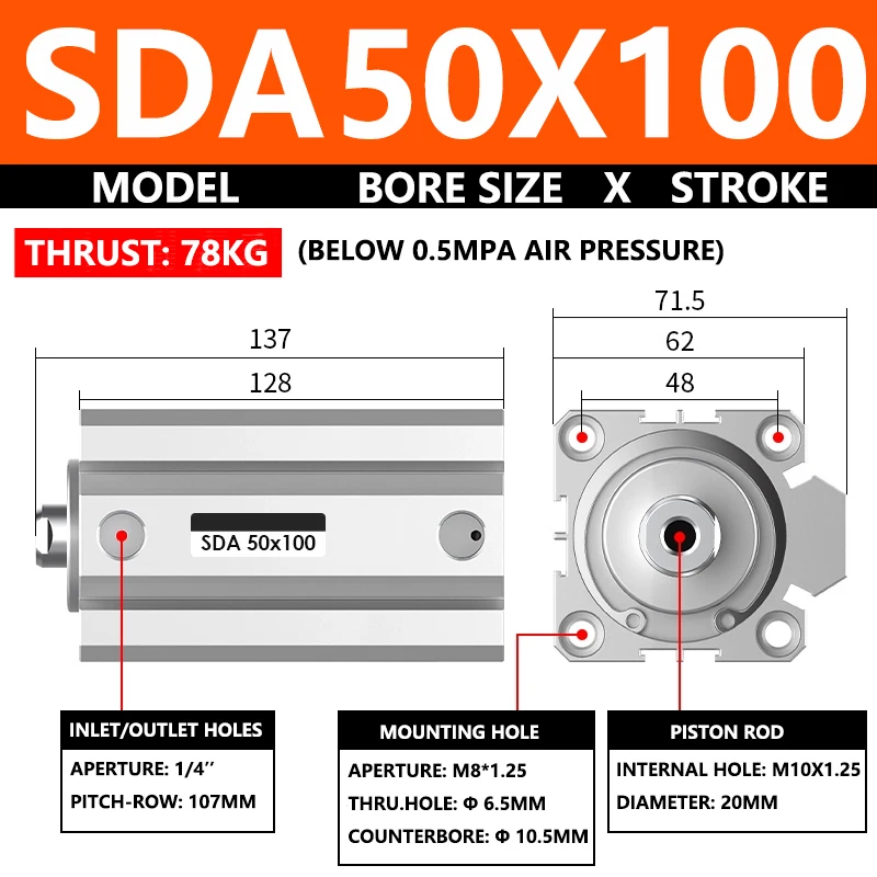 ABILKEEN SDA50X100 SDA Series Thin Air Cylinder 50MM Female Thread Bore X 100MM Stroke Double Acting Pneumatic Compact Cylinder
ABILKEEN SDA50X100 SDA Series Thin Air Cylinder 50MM Female Thread Bore X 100MM Stroke Double Acting Pneumatic Compact Cylinder
