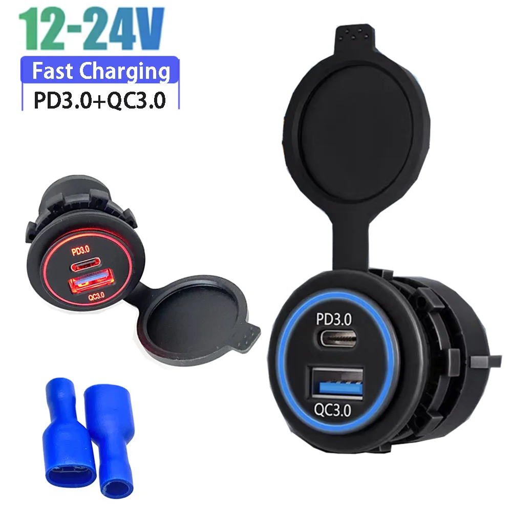 PD3.0 and QC3.0 car fast charger plug, waterproof dual USB C ports with LED 66W fast charging 12V/24V for Motorcycle car adapter
PD3.0 and QC3.0 car fast charger plug, waterproof dual USB C ports with LED 66W fast charging 12V/24V for Motorcycle car adapter