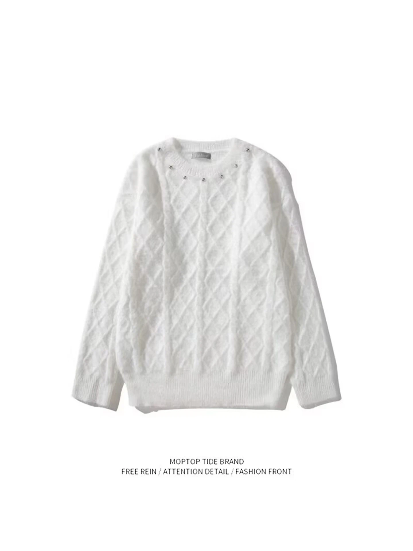 Свободный вязаный свитер унисекс с круглым вырезом, оверсайз, с белыми бусинами, осенний
Свободный вязаный свитер унисекс с круглым вырезом, оверсайз, с белыми бусинами, осенний