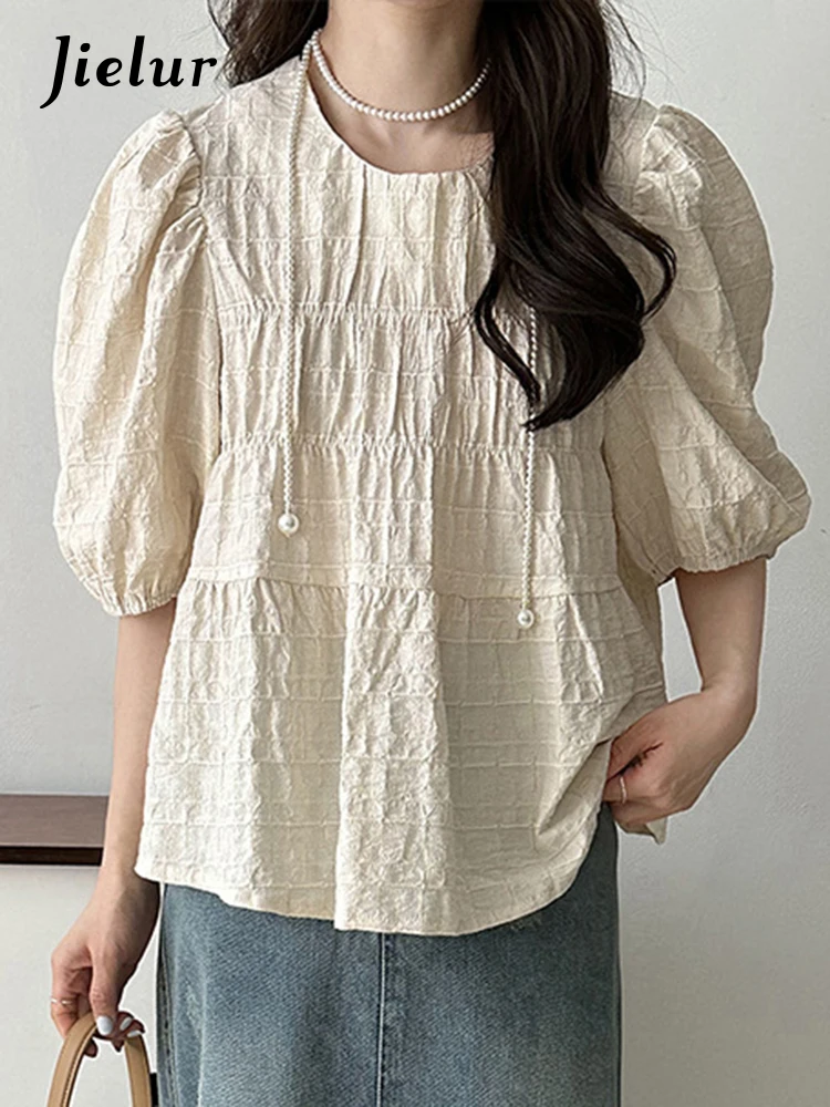 Jielur Korean Style Puff Sleeve White Women Blouse Loose O-neck Pleated Solid Color Elegant Casual Office Ladies Black Blouses
Jielur Korean Style Puff Sleeve White Women Blouse Loose O-neck Pleated Solid Color Elegant Casual Office Ladies Black Blouses