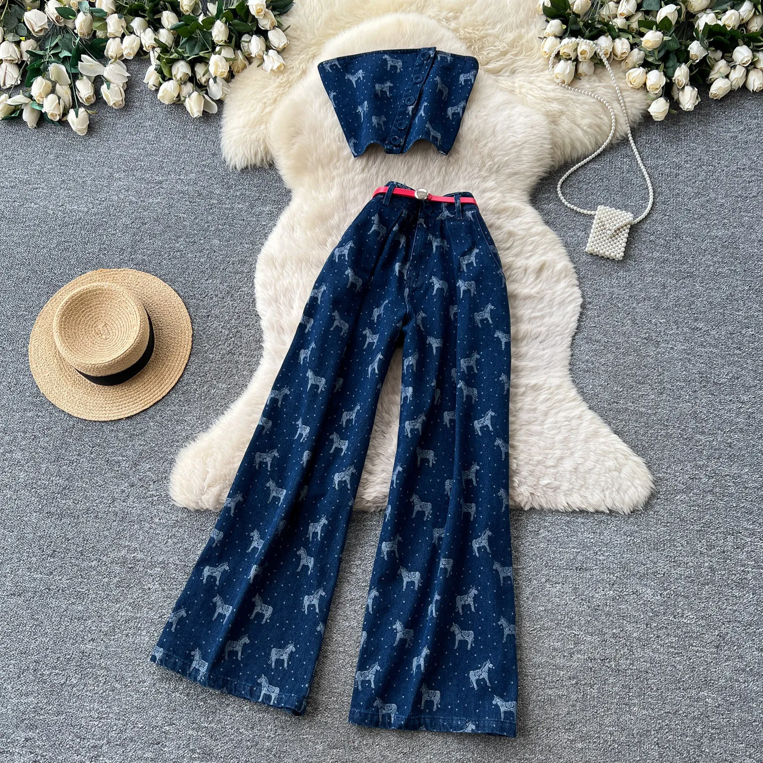 Pant Set Women Two Piece Sets Denim Sleeveless Strapless Tops Wide Leg Long Pants High Waist Y2k Streetwear Elegant Summer
Pant Set Women Two Piece Sets Denim Sleeveless Strapless Tops Wide Leg Long Pants High Waist Y2k Streetwear Elegant Summer