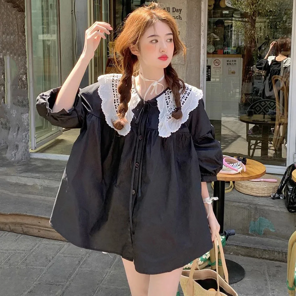 Chic Black Lace Peter Pan Collar Shirts Women Bandage Loose Lantern Sleeve Summer Sweet Blouse New Patchwork Female Casual Tops
Chic Black Lace Peter Pan Collar Shirts Women Bandage Loose Lantern Sleeve Summer Sweet Blouse New Patchwork Female Casual Tops
