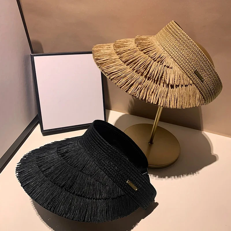Designer Brand Sunscreen Tassel Straw Hats for Women Summer Empty Top Sun Hat Outdoor Pamama UV Protection Beach Sunshade Cap
Designer Brand Sunscreen Tassel Straw Hats for Women Summer Empty Top Sun Hat Outdoor Pamama UV Protection Beach Sunshade Cap