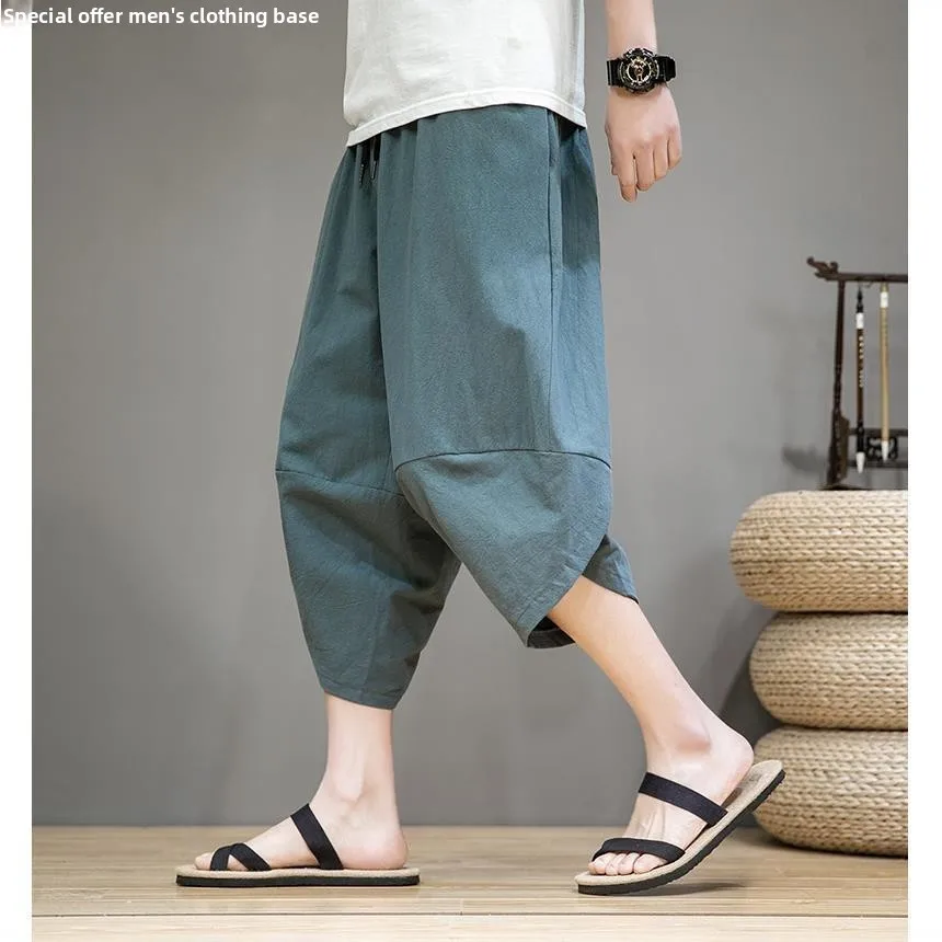 Высококачественные однотонные льняные мужские брюки выше колена на семь футов, летние дышащие брюки из хлопка и льна, orts до середины икры 
Высококачественные однотонные льняные мужские брюки выше колена на семь футов, летние дышащие брюки из хлопка и льна, orts до середины икры