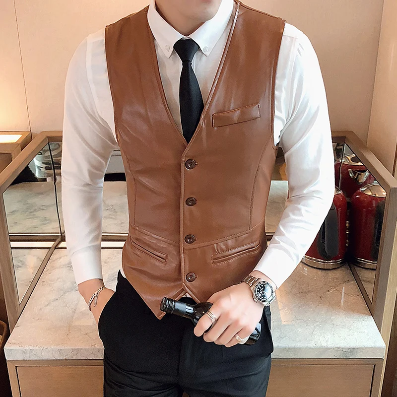 YASUGUOJI 2022 Men's Slim Vest Sleeveless Jacket Casual PU Leather Vests Button Open V-neck Geek Simple Joker Slim Fit Vest Men
YASUGUOJI 2022 Men's Slim Vest Sleeveless Jacket Casual PU Leather Vests Button Open V-neck Geek Simple Joker Slim Fit Vest Men