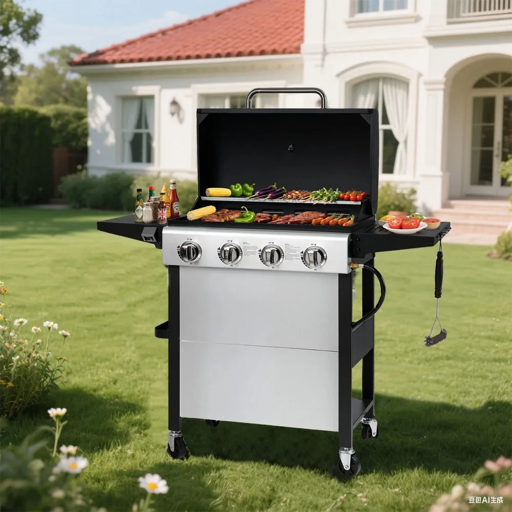 Upgraded Gas Grill W/Brush, 4-Burner Propane Grill Outdoor Barbecue w/Foldable Table & Hanging Basket, Portable Grills on Wheels
Upgraded Gas Grill W/Brush, 4-Burner Propane Grill Outdoor Barbecue w/Foldable Table & Hanging Basket, Portable Grills on Wheels