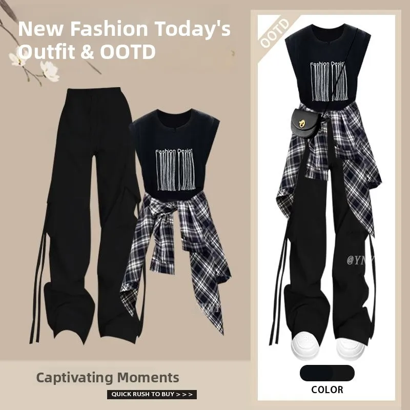 Spring Lazy Cool Girl Color Block Fashion Set Hot Girl Workwear Pants Cotton Short Sleeve round Neck Overhead Three Piece Set
Spring Lazy Cool Girl Color Block Fashion Set Hot Girl Workwear Pants Cotton Short Sleeve round Neck Overhead Three Piece Set