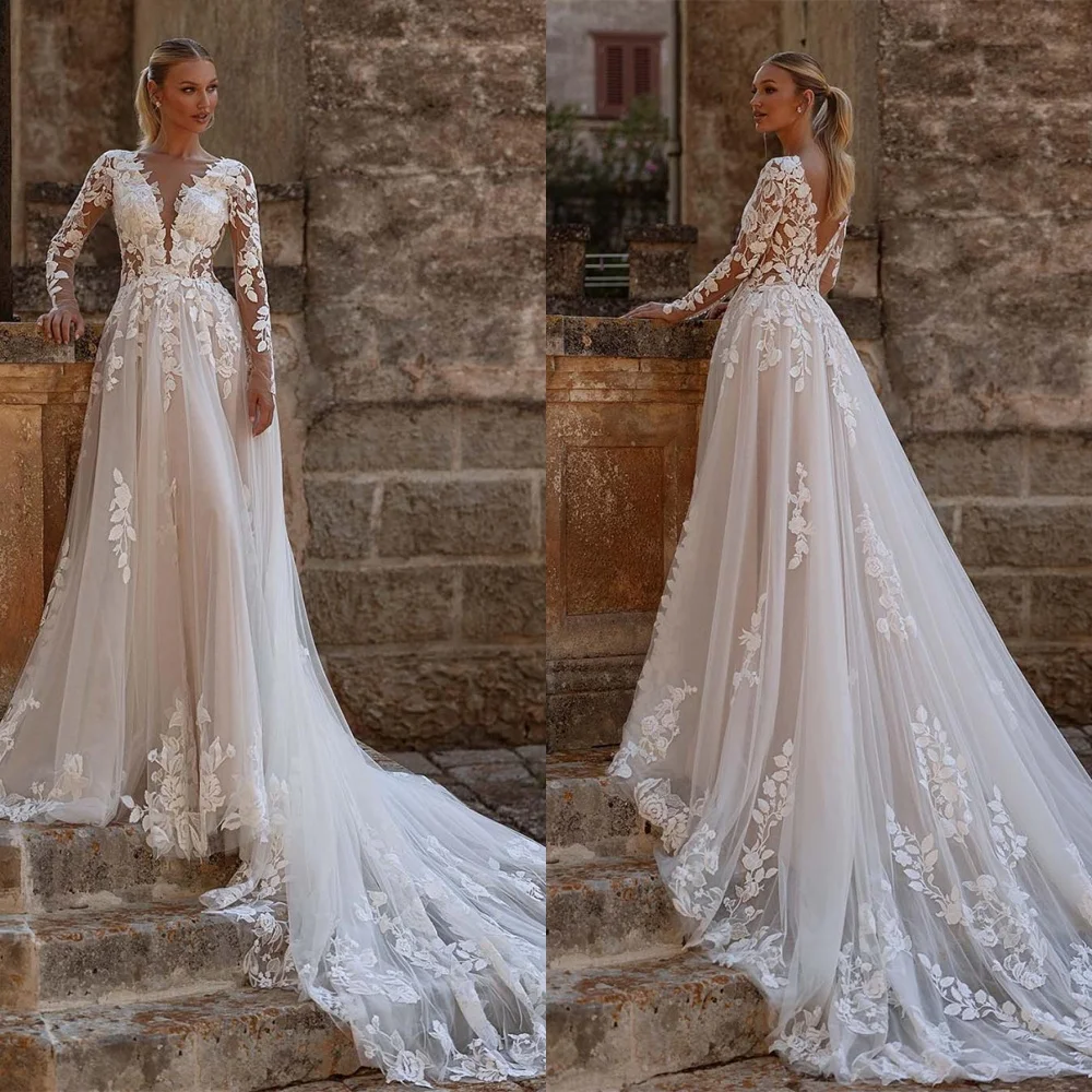 Customized White Tulle Bridal Gowns Elegant O-Neck Long Sleeves Appliques Wedding Dress Chapel Train Zipper Back Robe de mariée
Customized White Tulle Bridal Gowns Elegant O-Neck Long Sleeves Appliques Wedding Dress Chapel Train Zipper Back Robe de mariée