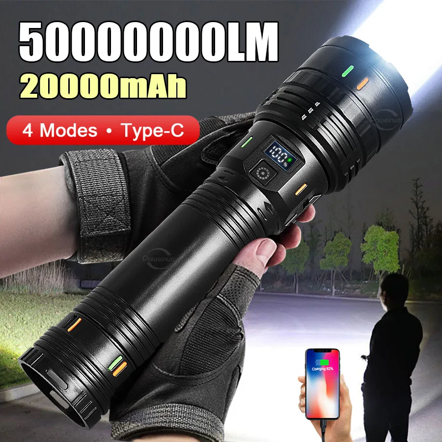Super Powerful LED Flashlights 50000000LM Type-C Rechargeable Torch Lantern Tactical Flashlight Light 20000mAh Built-in Battery
Super Powerful LED Flashlights 50000000LM Type-C Rechargeable Torch Lantern Tactical Flashlight Light 20000mAh Built-in Battery