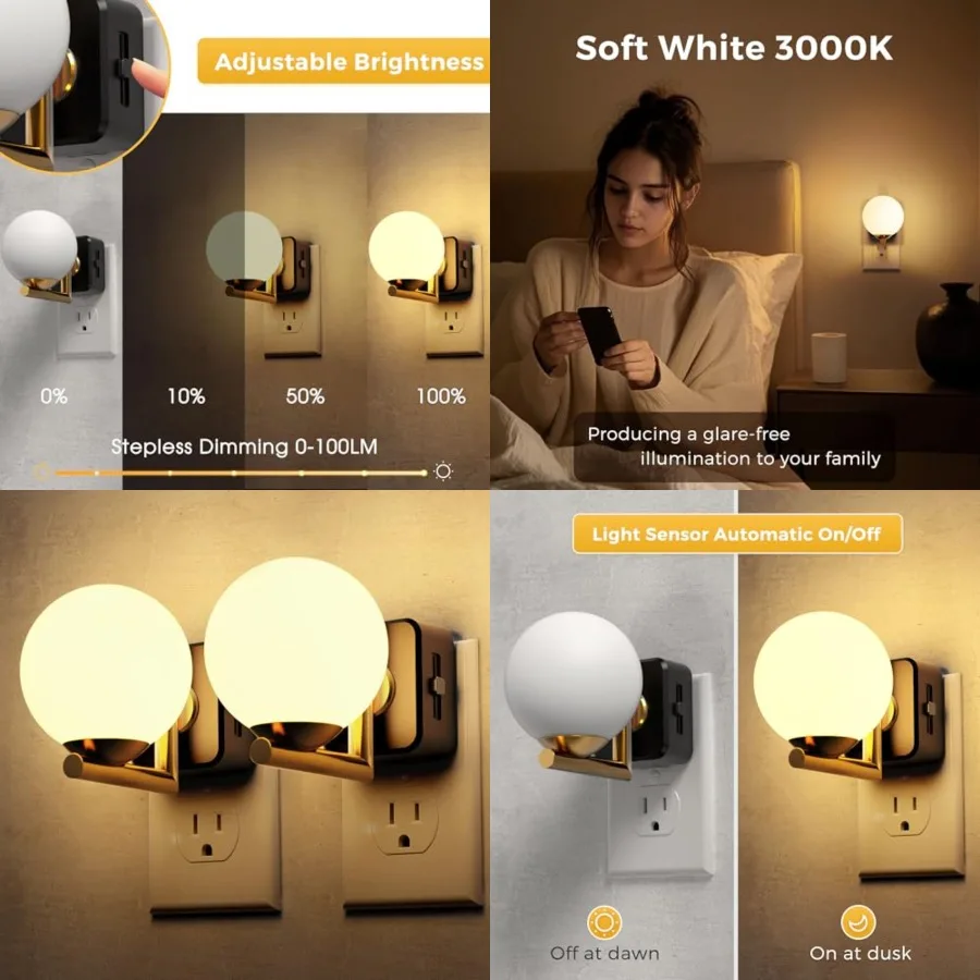 Night Lights Plug Into Wall, Dusk to Dawn Sensor, 3000K Nightlight, 0-100LM Adjustable Brightness, Plug in Night Light for Bath
Night Lights Plug Into Wall, Dusk to Dawn Sensor, 3000K Nightlight, 0-100LM Adjustable Brightness, Plug in Night Light for Bath