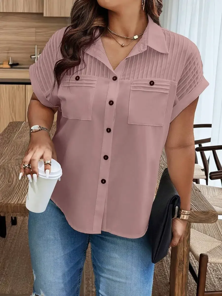 Plus Size Women's Solid Color Button-Front Shirt with Batwing Sleeves and Chest Pockets
Plus Size Women's Solid Color Button-Front Shirt with Batwing Sleeves and Chest Pockets