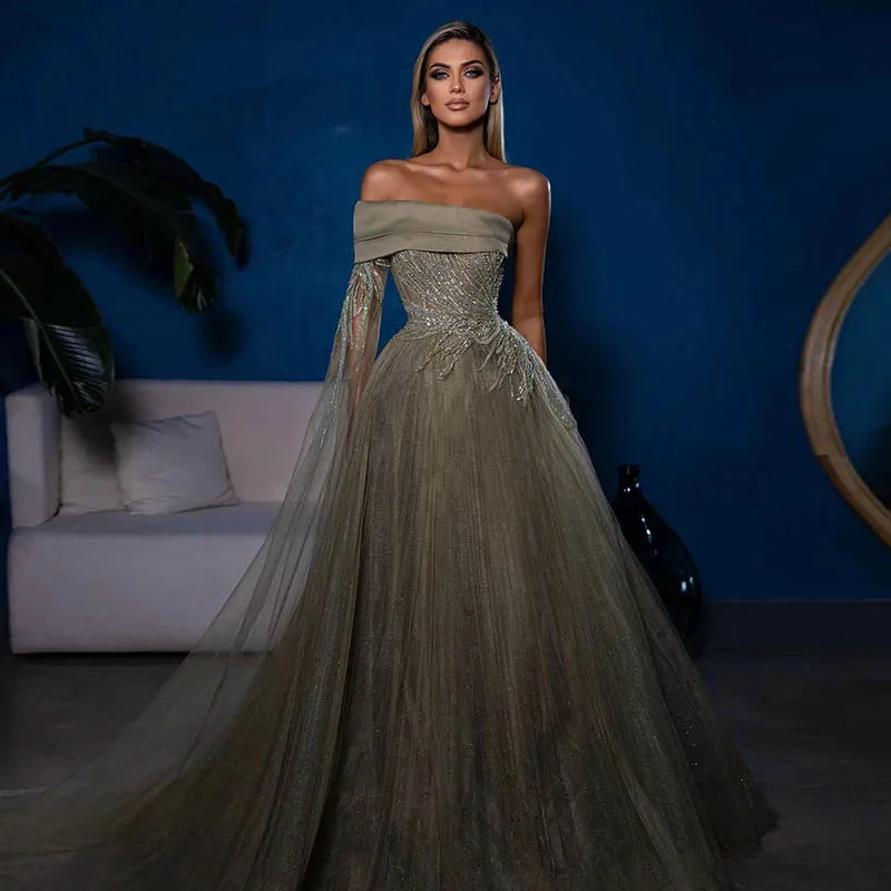 Sparkling Stylish Olive Green Luxury Dubai Evening Dress One Sleeve Beaded Arabic Women Formal Wedding Party Gown
Sparkling Stylish Olive Green Luxury Dubai Evening Dress One Sleeve Beaded Arabic Women Formal Wedding Party Gown