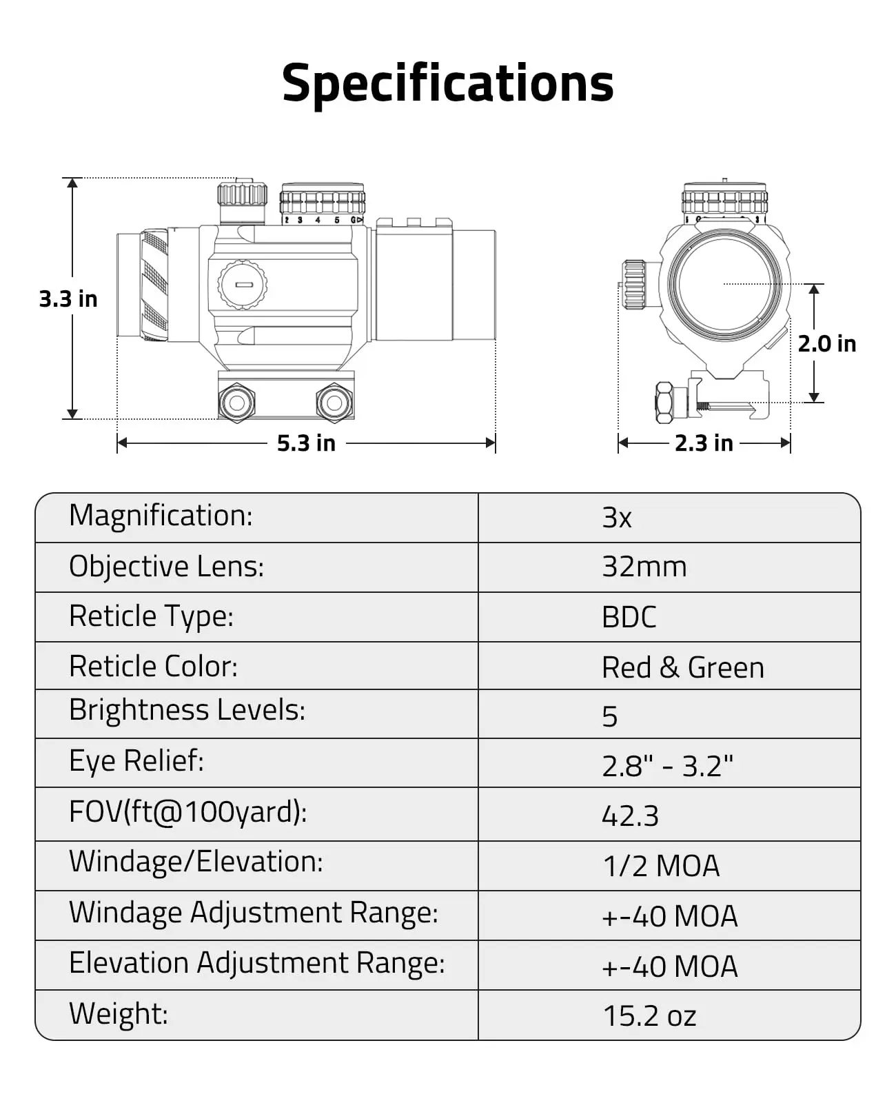 3x32 Prism Tactical Rifle Scope Red and Green Illuminated BDC Reticle Scope with Piggyback Mount 
3x32 Prism Tactical Rifle Scope Red and Green Illuminated BDC Reticle Scope with Piggyback Mount