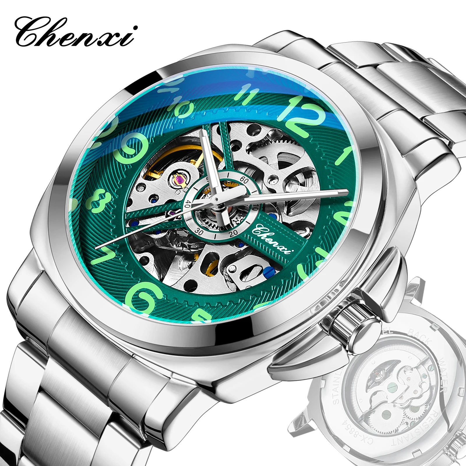 Мужские автоматические механические часы CHENXI 88542, модные, с люминесцентным циферблатом, стальным браслетом, элегантные, для делового стиля, reloj hombre.
Мужские автоматические механические часы CHENXI 88542, модные, с люминесцентным циферблатом, стальным браслетом, элегантные, для делового стиля, reloj hombre.