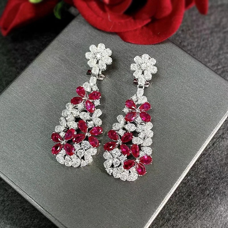 Elegant Flower Ruby Diamond Dangle Earring 100% Real 925 sterling silver Jewelry Engagement Wedding Drop Earrings for Women Gift
Elegant Flower Ruby Diamond Dangle Earring 100% Real 925 sterling silver Jewelry Engagement Wedding Drop Earrings for Women Gift