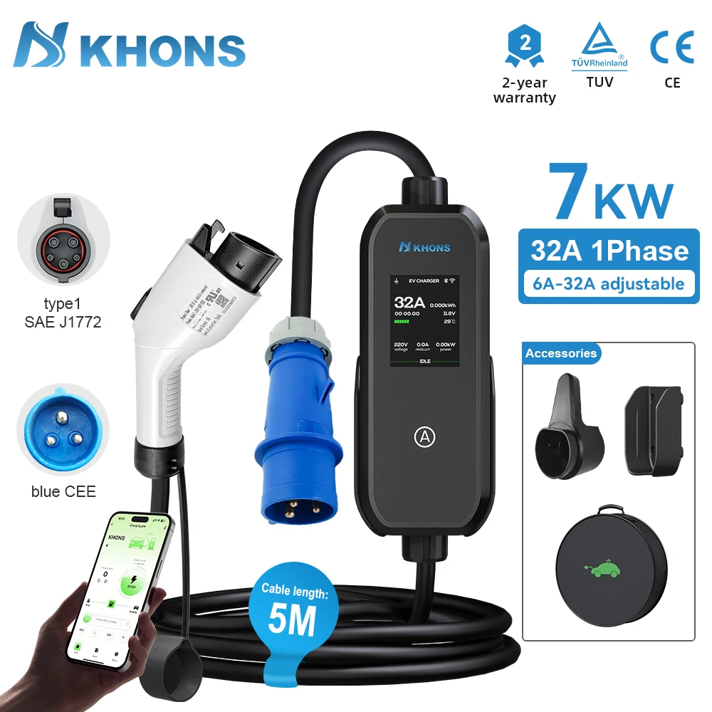 Khons 7kW Portable EV Charger J1772 32A EVSE Wallbox with APP Control 5m Cable for Electric Vehicle
Khons 7kW Portable EV Charger J1772 32A EVSE Wallbox with APP Control 5m Cable for Electric Vehicle