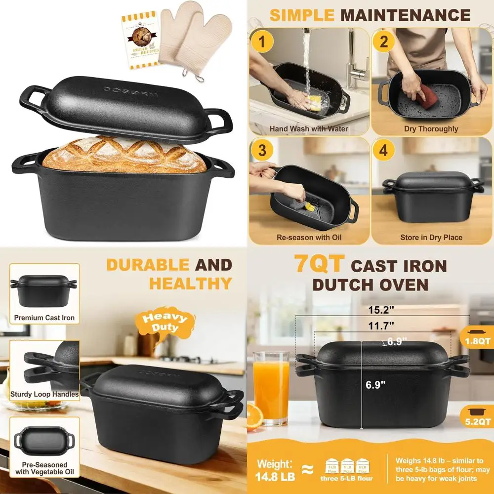 Pre-Seasoned Cast Iron Dutch Oven for Sourdough Bread Baking, Even Heat Distribution Pan for Homemade Bread Making
Pre-Seasoned Cast Iron Dutch Oven for Sourdough Bread Baking, Even Heat Distribution Pan for Homemade Bread Making