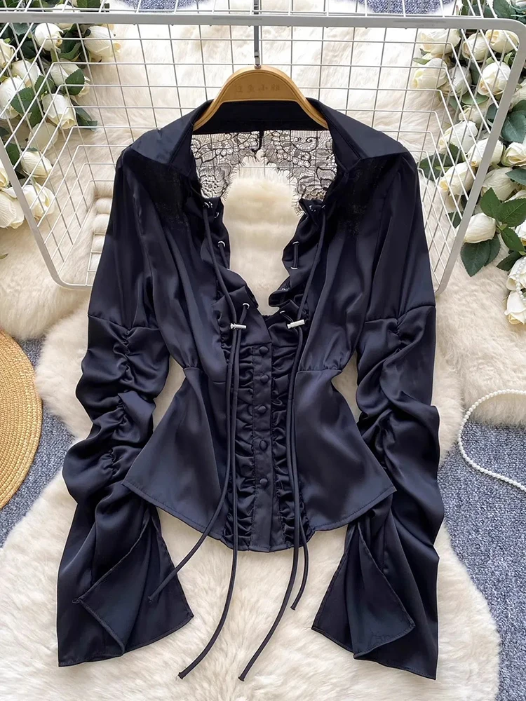 Женская блузка с кружевными вырезами, сексуальный V-образный вырез, облегающий крой, элегантная блузка с складками, винтажная, на пуговицах, с длинным рукавом, однотонная, для офиса
Женская блузка с кружевными вырезами, сексуальный V-образный вырез, облегающий крой, элегантная блузка с складками, винтажная, на пуговицах, с длинным рукавом, однотонная, для офиса