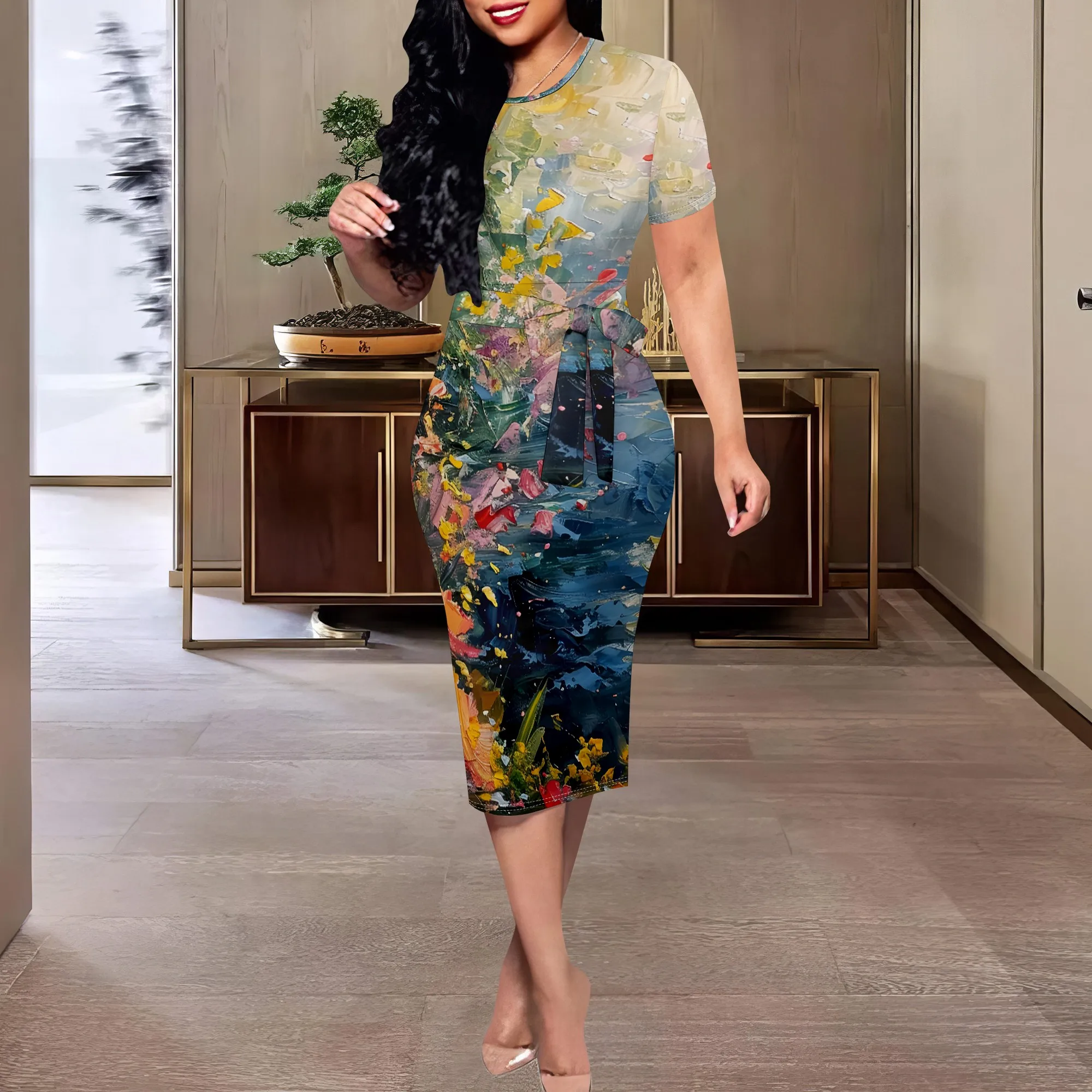 Impressionist Floral Art Print Dress XS-3XL Short Sleeve Belted Bodycon Midi Style for Art Show, Elegant Dinner or Gallery Look
Impressionist Floral Art Print Dress XS-3XL Short Sleeve Belted Bodycon Midi Style for Art Show, Elegant Dinner or Gallery Look