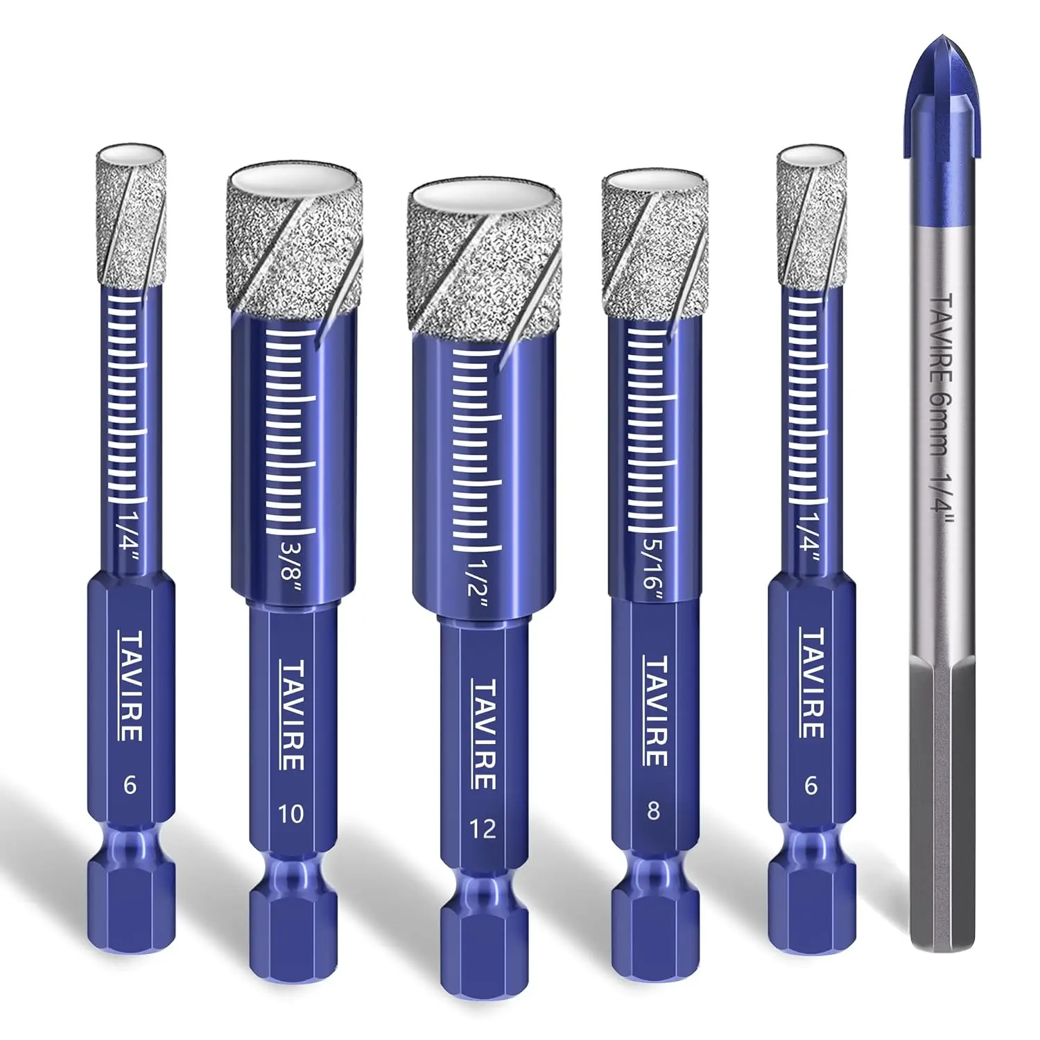 6-Piece Diamond Drill Bit Set for Tile, Porcelain, Glass, Stone, Hard Materials, Hex Shank 1/4-1/2 inch
6-Piece Diamond Drill Bit Set for Tile, Porcelain, Glass, Stone, Hard Materials, Hex Shank 1/4-1/2 inch