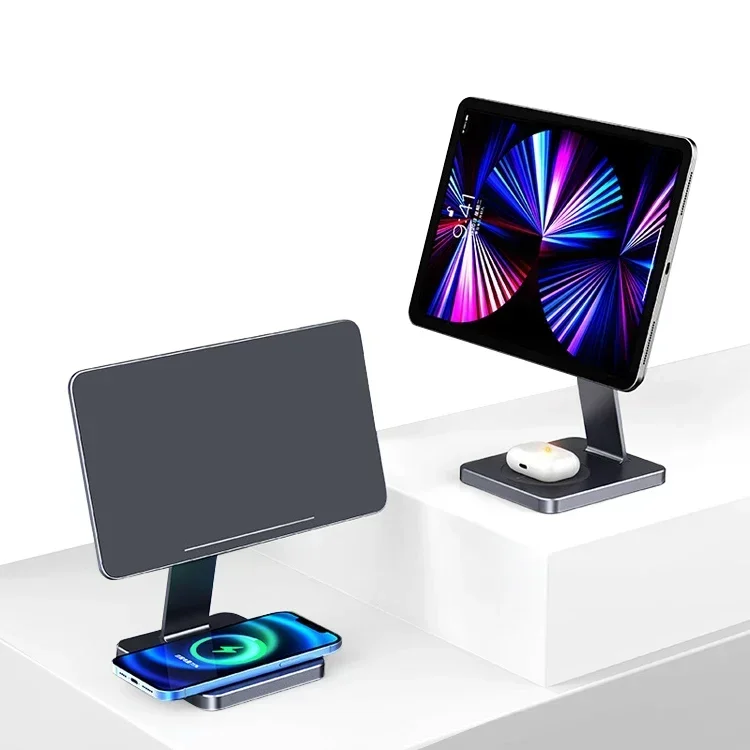 2025 Aluminum Magnet Stand Adjustable For Ipad Pro with 15W Wireless Charging Base Holder Magnetic Desktop Tablet Stand