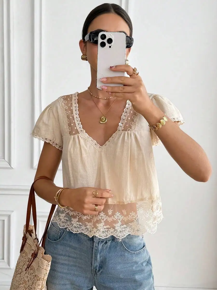 Cream Sheer Cotton V-Neck Crop Top With Floral Lace Trim, Puff Sleeves, Back Tie Detail, Boho Y2K Style For Summer Casual Wear
Cream Sheer Cotton V-Neck Crop Top With Floral Lace Trim, Puff Sleeves, Back Tie Detail, Boho Y2K Style For Summer Casual Wear