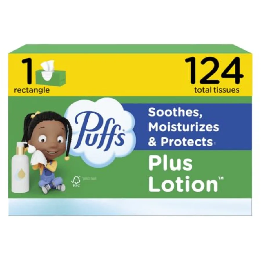 Puffs Facial Tissues Plus Lotion, 1 Family Rectangle Box, 124 Facial Tissues per Box, Allergies and Colds Packaging May Vary
Puffs Facial Tissues Plus Lotion, 1 Family Rectangle Box, 124 Facial Tissues per Box, Allergies and Colds Packaging May Vary