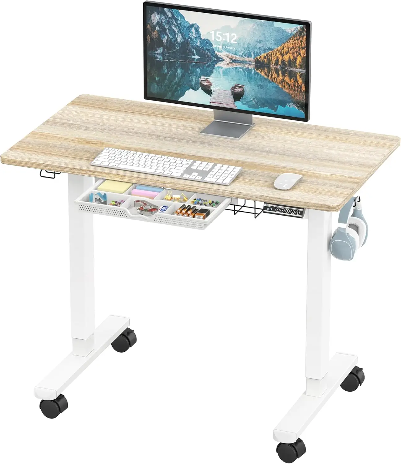 40-дюймовый мобильный электрический регулируемый по высоте стол для работы сидя и стоя с выдвижным ящиком, крючками для подвешивания и системой организации кабелей, цвет клен
40-дюймовый мобильный электрический регулируемый по высоте стол для работы сидя и стоя с выдвижным ящиком, крючками для подвешивания и системой организации кабелей, цвет клен