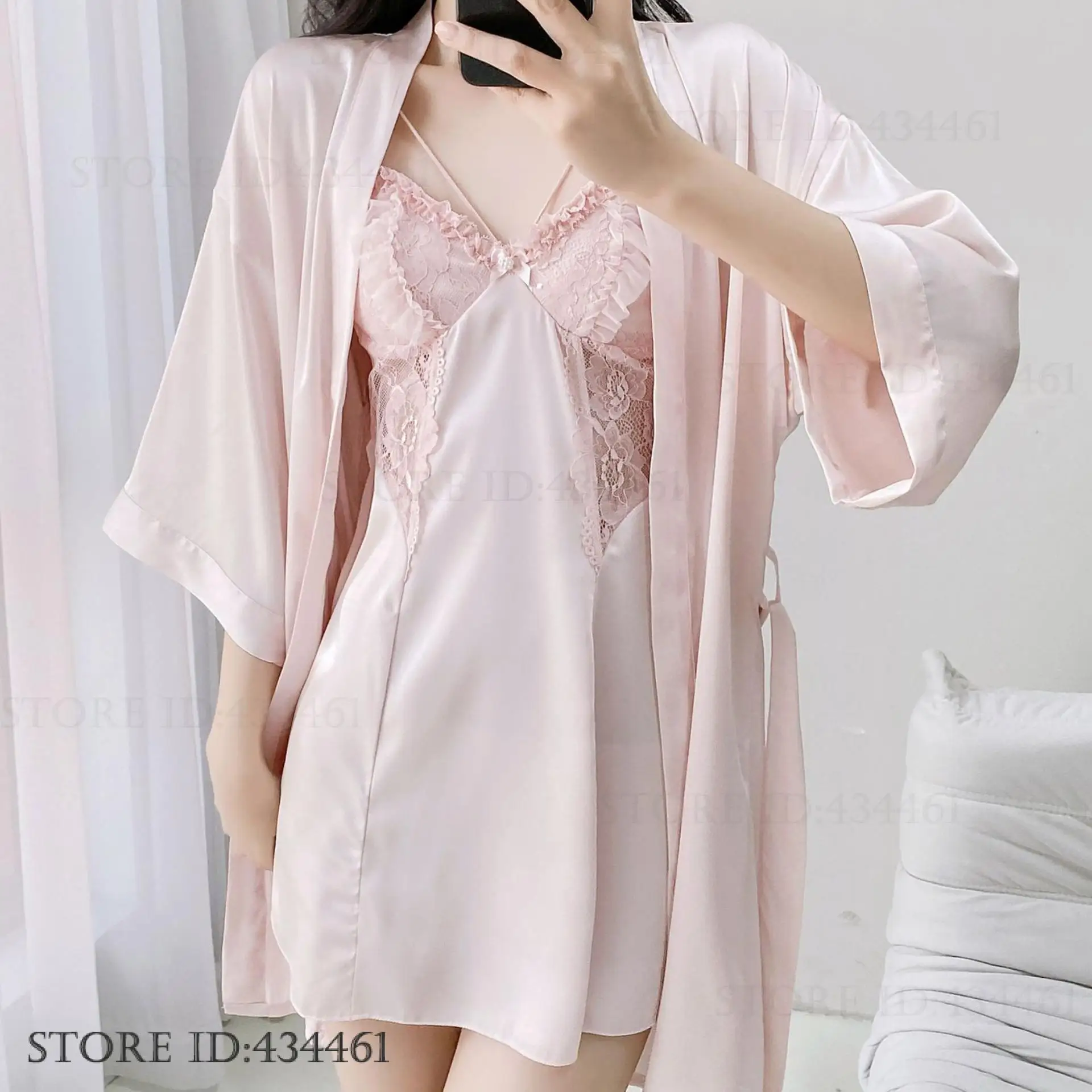 Female 2PCS Robe Suspender Nightgown Set Summer Satin Sleepwear Home Clothes Sexy Patchwork Lace Nightress Lingerie Loungewear 
Female 2PCS Robe Suspender Nightgown Set Summer Satin Sleepwear Home Clothes Sexy Patchwork Lace Nightress Lingerie Loungewear