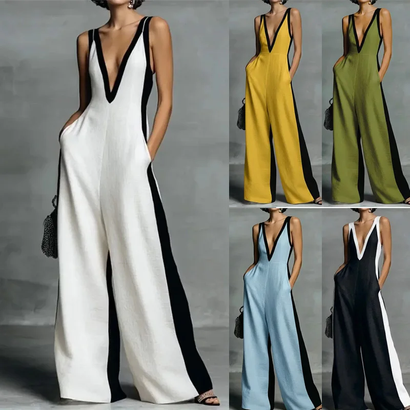 Women's Sexy Deep V Neck Wide Leg Pants Jumpsuit Spring Elegant Striped Print Patchwork Romper Summer Sleeveless Zipper Overalls
Women's Sexy Deep V Neck Wide Leg Pants Jumpsuit Spring Elegant Striped Print Patchwork Romper Summer Sleeveless Zipper Overalls