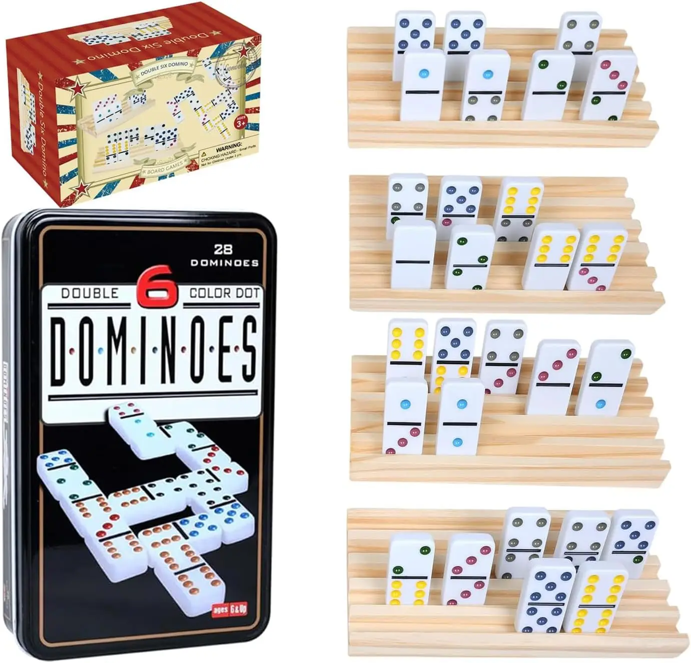 Double 6 Dominoes Set with 4 Wooden Trays, 28 Colored Dot Tiles, Mexican Train Game Accessories for Family
Double 6 Dominoes Set with 4 Wooden Trays, 28 Colored Dot Tiles, Mexican Train Game Accessories for Family