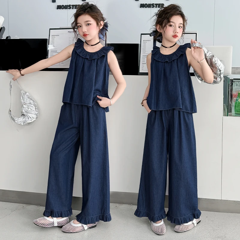 Girls Summer Denim Clothes Sets Children Sleeveless Ruffled Top + Wide-Leg Pants Two-Piece Set 2025 New
Girls Summer Denim Clothes Sets Children Sleeveless Ruffled Top + Wide-Leg Pants Two-Piece Set 2025 New