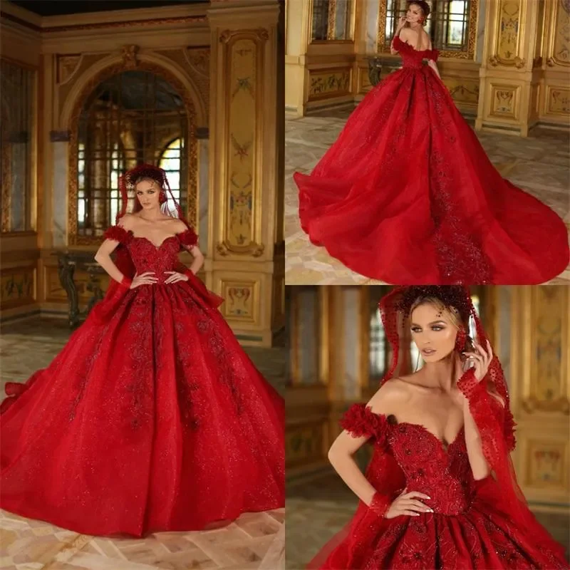 Customized Red Ball Gown Wedding Dresses Off Shoulder Sleeveless Applique Lace Beaded Sequins Bridal Dress Sweep Train
Customized Red Ball Gown Wedding Dresses Off Shoulder Sleeveless Applique Lace Beaded Sequins Bridal Dress Sweep Train