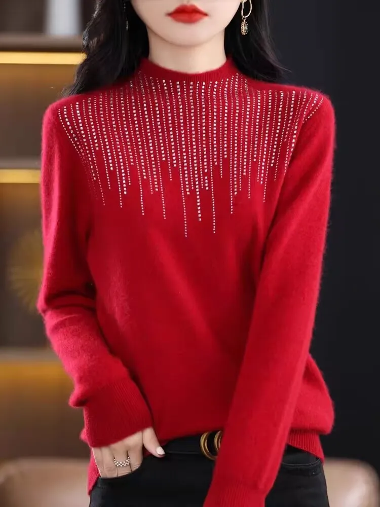 Spring Autumn Fashion Women Solid Elegant Sweater Half-high Collar Long Sleeve Diamond Pullover Casual Crochet Knit Tops Popular
Spring Autumn Fashion Women Solid Elegant Sweater Half-high Collar Long Sleeve Diamond Pullover Casual Crochet Knit Tops Popular