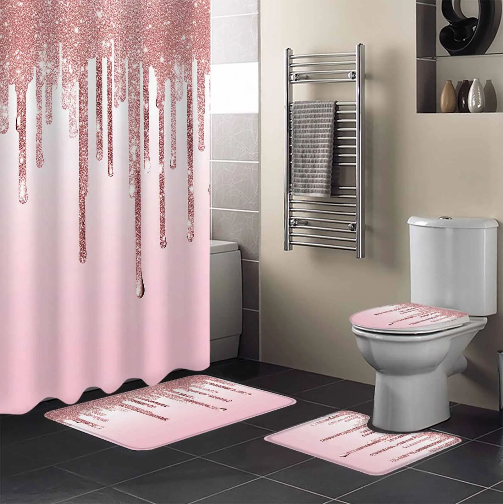 Pink Droplet Gradient Texture Shower Curtain Set Non-Slip Rugs Bath Mat Toilet Lid Cover Waterproof Polyester Bathroom Curtain
Pink Droplet Gradient Texture Shower Curtain Set Non-Slip Rugs Bath Mat Toilet Lid Cover Waterproof Polyester Bathroom Curtain