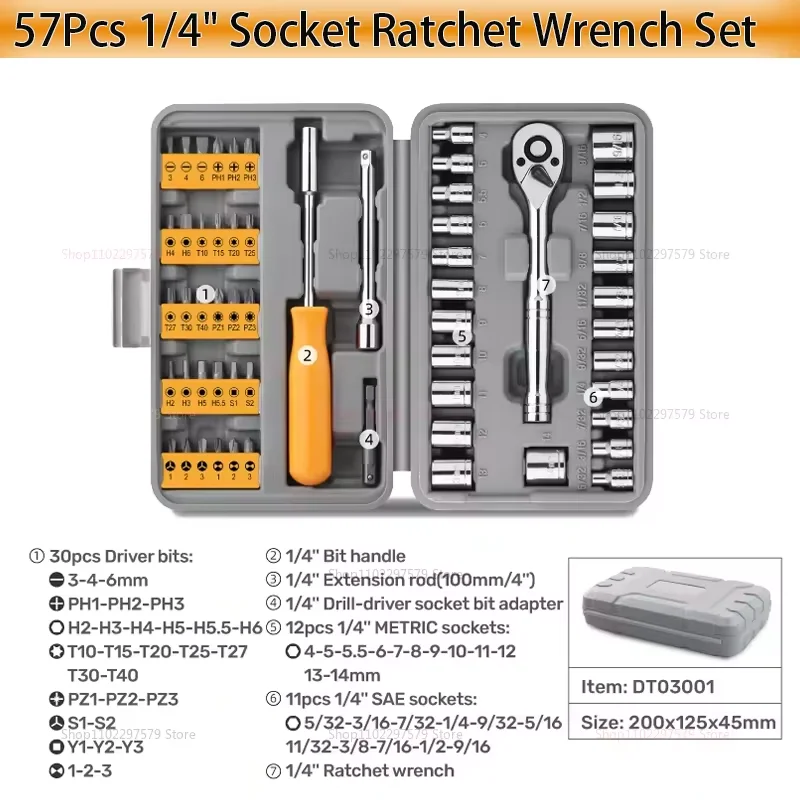 57Pcs 1/4" Socket Ratchet Wrench Set Complete Car Repair Tools Set for Car Bike Motorcycle Maintenance Mechanic Tools wrench
57Pcs 1/4" Socket Ratchet Wrench Set Complete Car Repair Tools Set for Car Bike Motorcycle Maintenance Mechanic Tools wrench