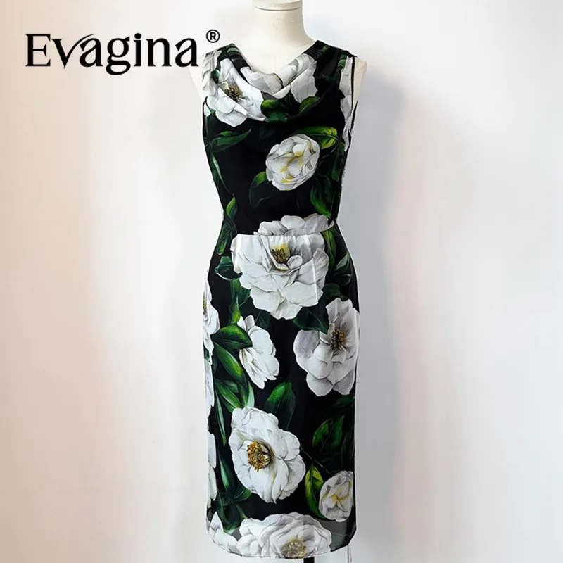 Evagina Spring and summer New Women's Dress Sleeveless Pile Collar Floral-Print Slim-Fit Hip Wrap Silk Dresses+Silk Lined Sling 
Evagina Spring and summer New Women's Dress Sleeveless Pile Collar Floral-Print Slim-Fit Hip Wrap Silk Dresses+Silk Lined Sling