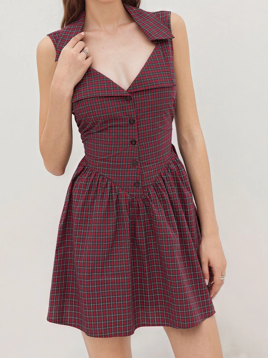 Vintage Red Plaid Mini Dress Women V Neck Signel Breasted Back Lace-up A-line Vestidos Summer Elegant Fashion Sleeveless Dresses
Vintage Red Plaid Mini Dress Women V Neck Signel Breasted Back Lace-up A-line Vestidos Summer Elegant Fashion Sleeveless Dresses