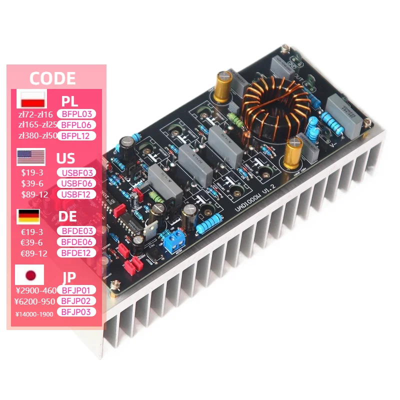 UAD1000W Single Channel High Power Digital Amplifier Board High Temperature Class D HiFi High Fidelity with Heat Sink
UAD1000W Single Channel High Power Digital Amplifier Board High Temperature Class D HiFi High Fidelity with Heat Sink