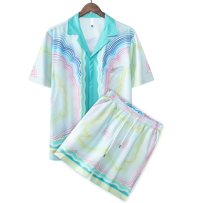 New Korean Streetwear Mens Hawaiian Colorful Striped Short Sleeve Shirt & Beach Shorts Casual 2 Piece Men's Set 2023 Summer
New Korean Streetwear Mens Hawaiian Colorful Striped Short Sleeve Shirt & Beach Shorts Casual 2 Piece Men's Set 2023 Summer