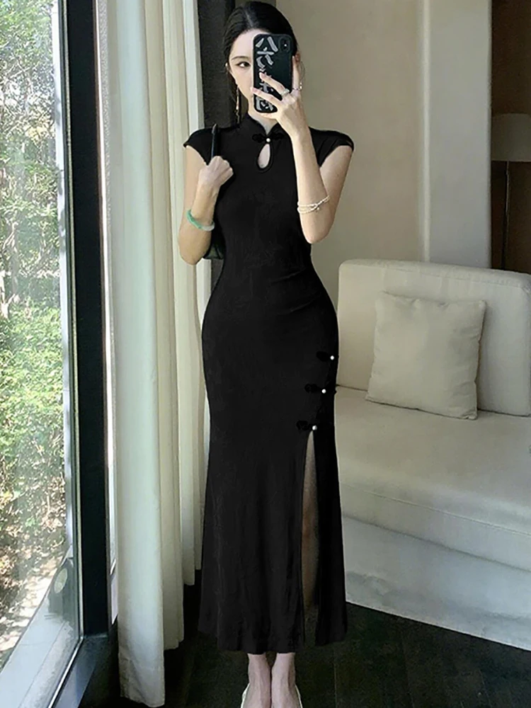 Black Jacquard Short Sleeve Stand Collar Female Cothes Summer Korean Vintage Hepburn Dress 2026 Elegant Bodycon Chic Slit Dress
Black Jacquard Short Sleeve Stand Collar Female Cothes Summer Korean Vintage Hepburn Dress 2026 Elegant Bodycon Chic Slit Dress