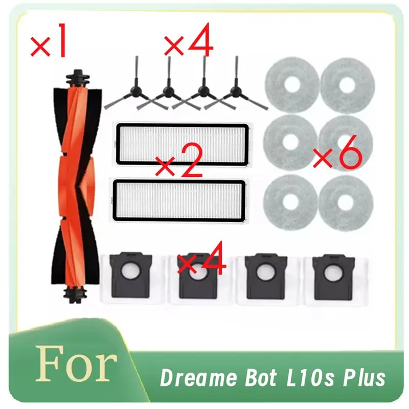 Запасные аксессуары для робота-пылесоса Dreame Bot L10s Plus: основная и боковые щетки, насадки для влажной уборки, фильтры, мешки для сбора пыли, долговечные комплектующие.
Запасные аксессуары для робота-пылесоса Dreame Bot L10s Plus: основная и боковые щетки, насадки для влажной уборки, фильтры, мешки для сбора пыли, долговечные комплектующие.